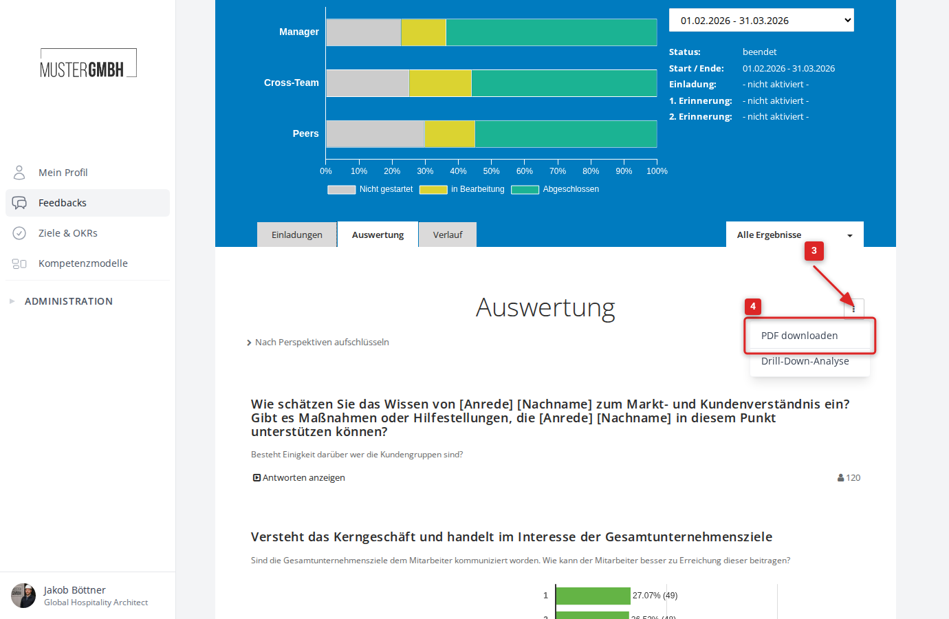 Auswertungsseite mit geöffnetem Drei-Punkte-Menü und der Option "PDF downloaden"