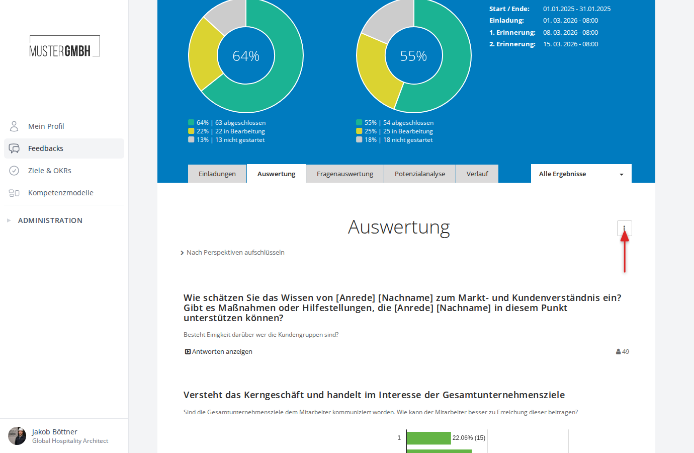 Auswertung mit Ergebnissen pro Frage