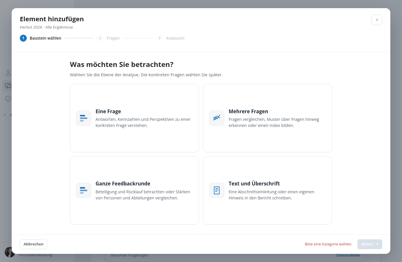 Die vier Rubriken im Assistenten zum Hinzufügen einer Auswertung