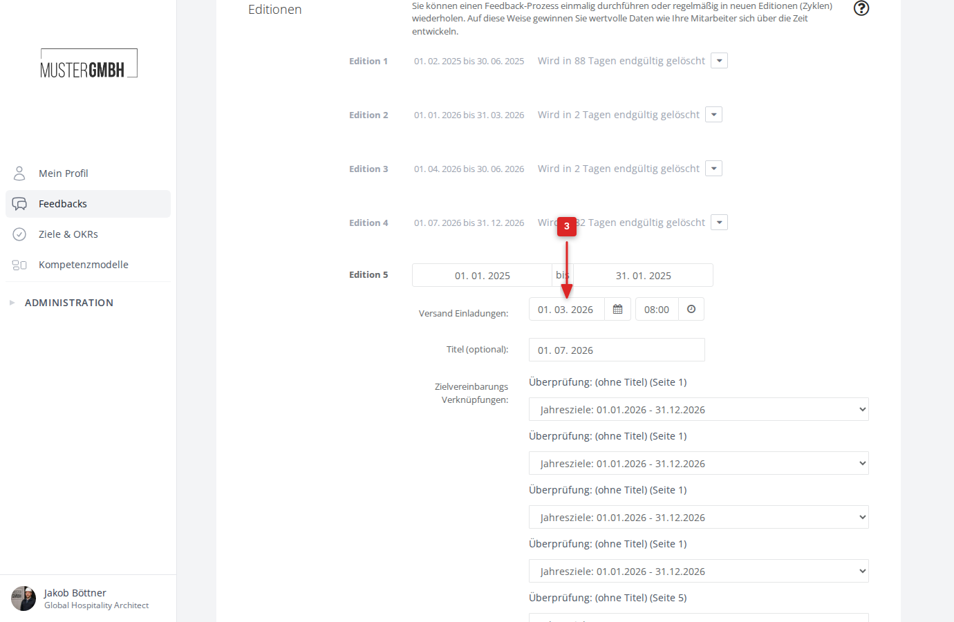 Screenshot: Datumsfeld neben Versand Einladungen klicken