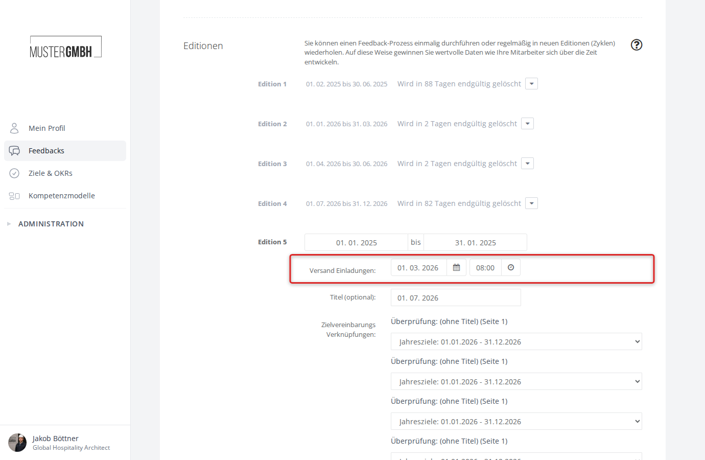 Screenshot: Einstellungsbereich der Editionen