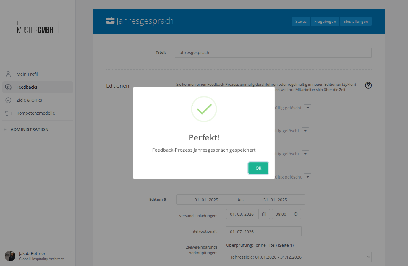 Screenshot: Systembestätigung nach dem Speichern