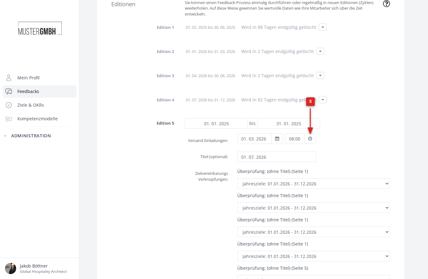 Screenshot: Uhrzeitfeld neben Versand Einladungen klicken