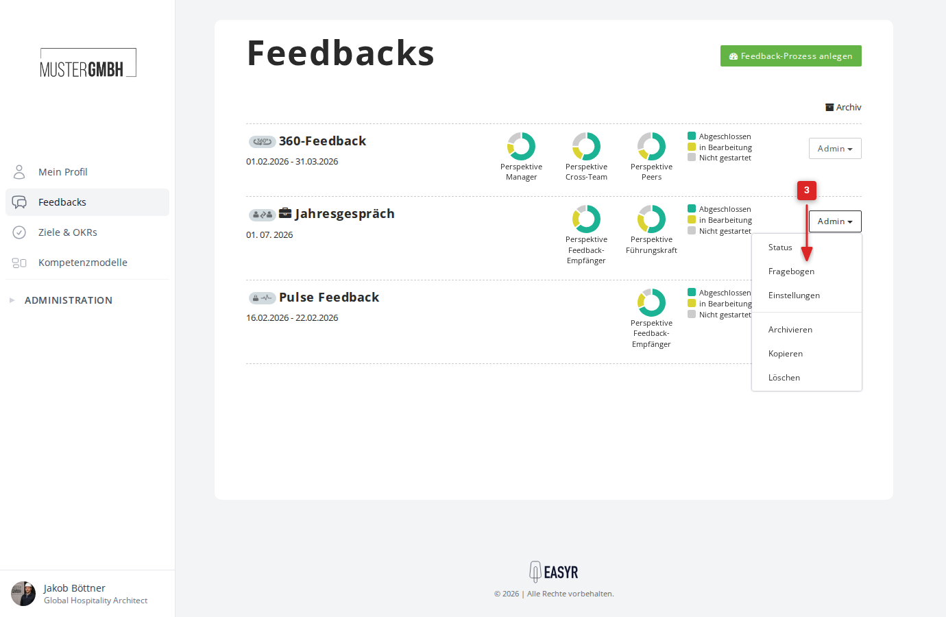 Admin-Menü mit Einstellungen in der Feedbacks-Übersicht