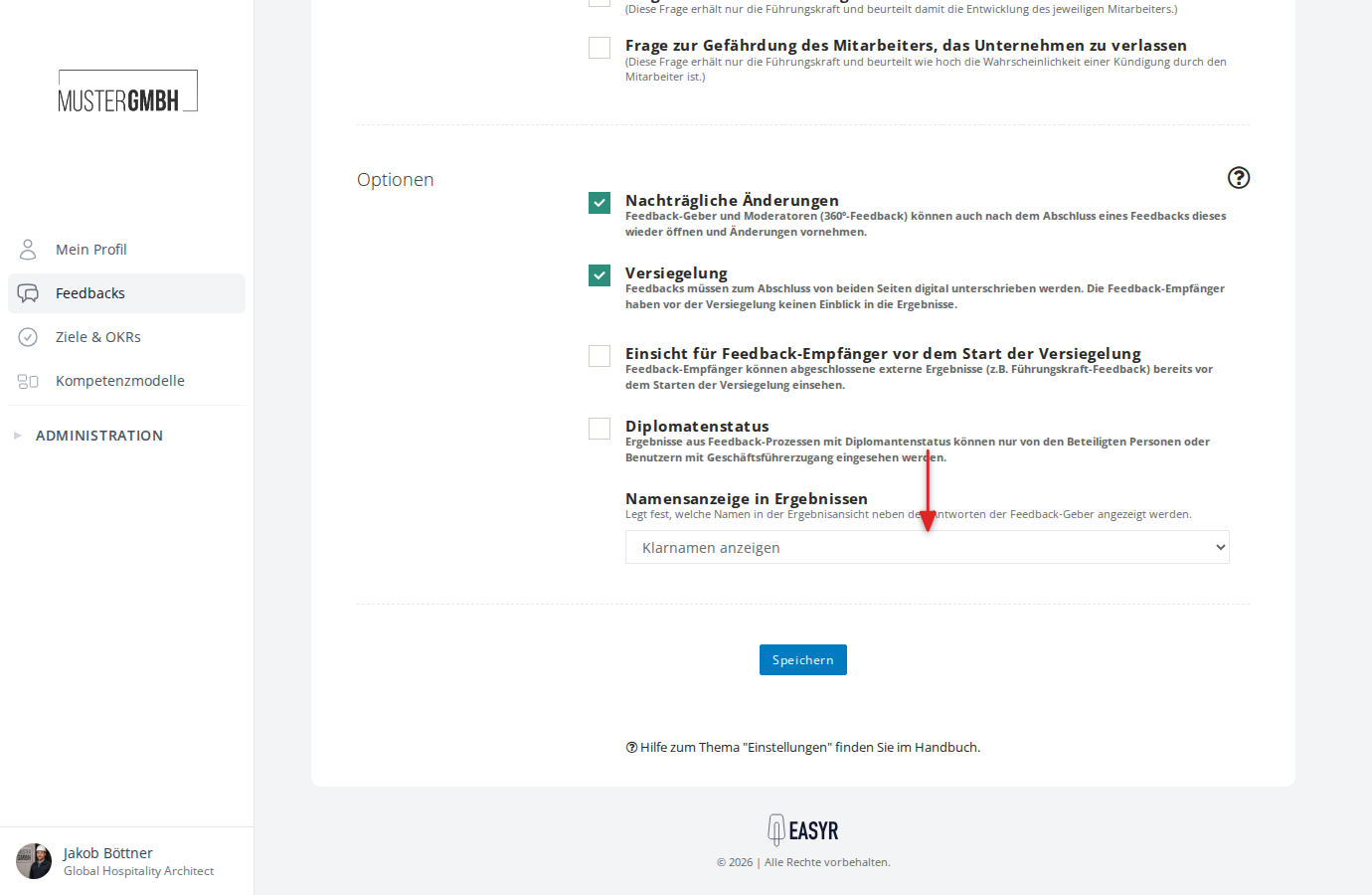 Optionen einer Beurteilung (360-Grad-Feedback mit Namensanzeige)