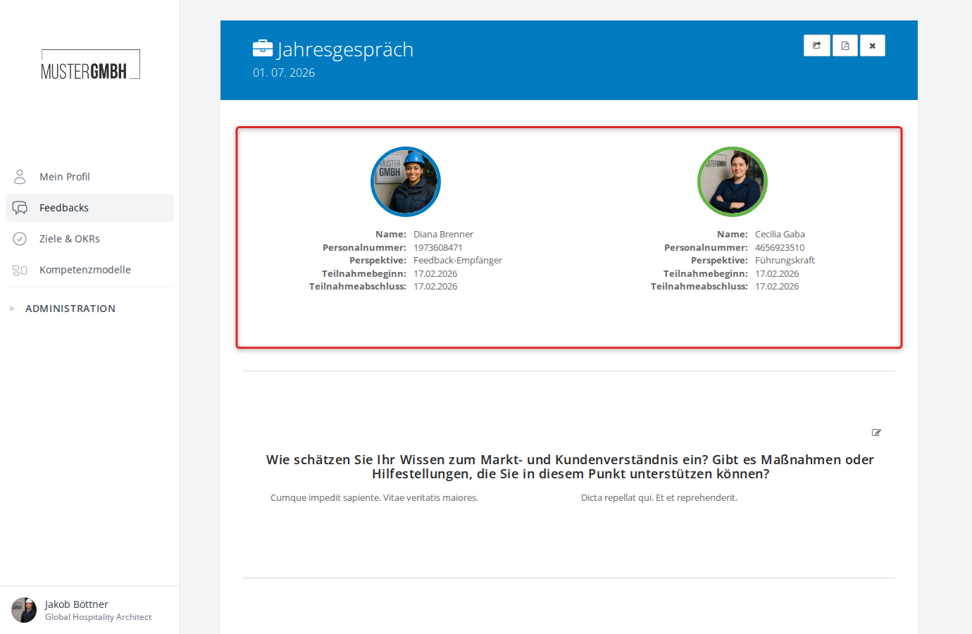 Screenshot: Teilnehmerübersicht mit farblich markierten Perspektiven