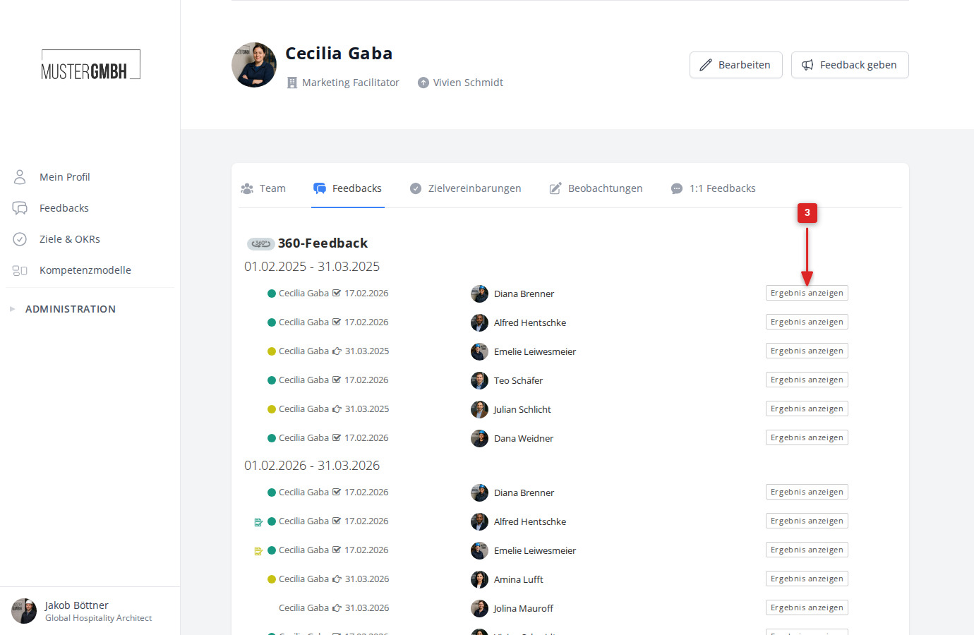Screenshot: Ergebnis anzeigen im Mitarbeiterprofil