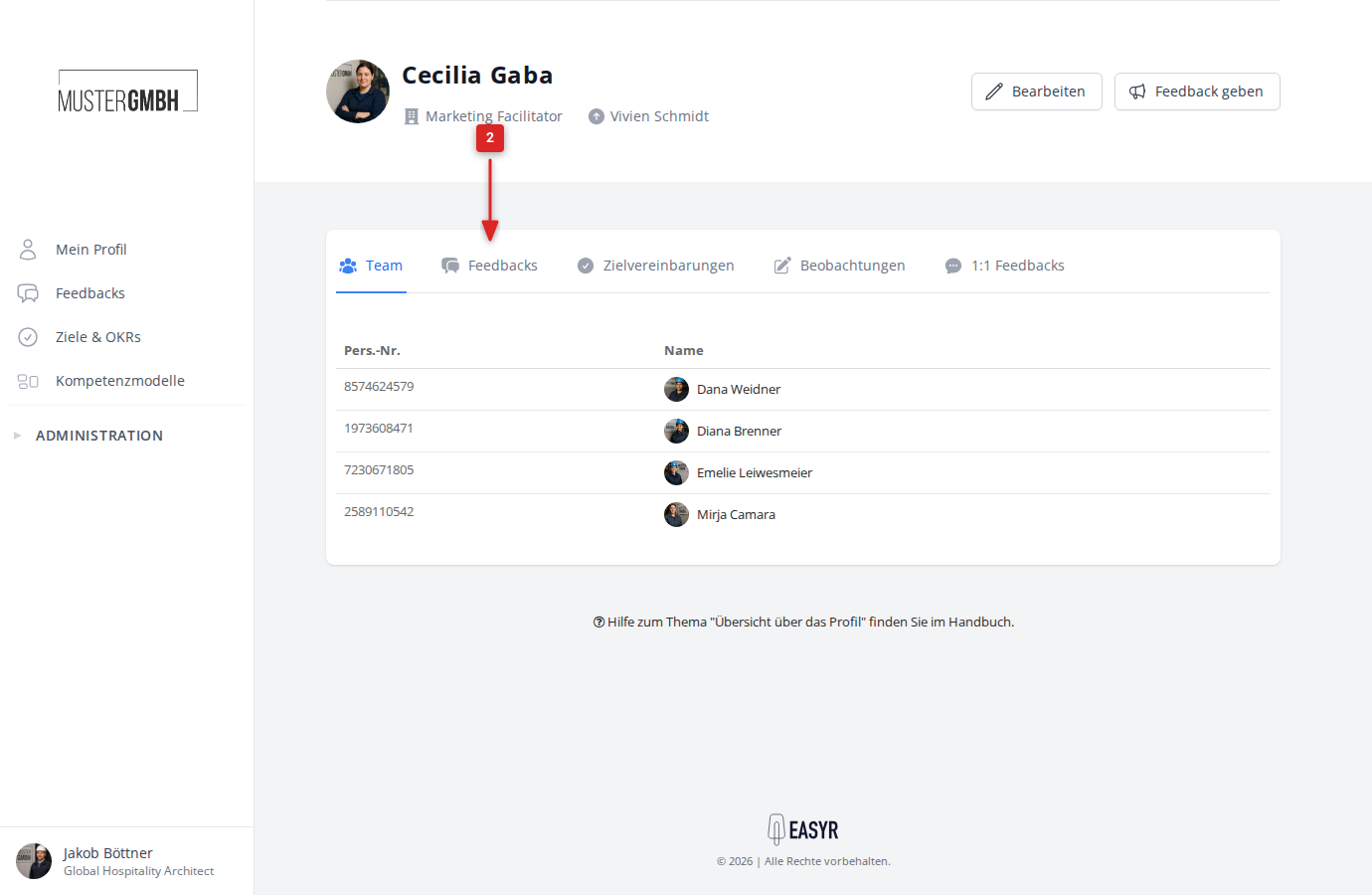 Screenshot: Reiter Feedbacks im Mitarbeiterprofil