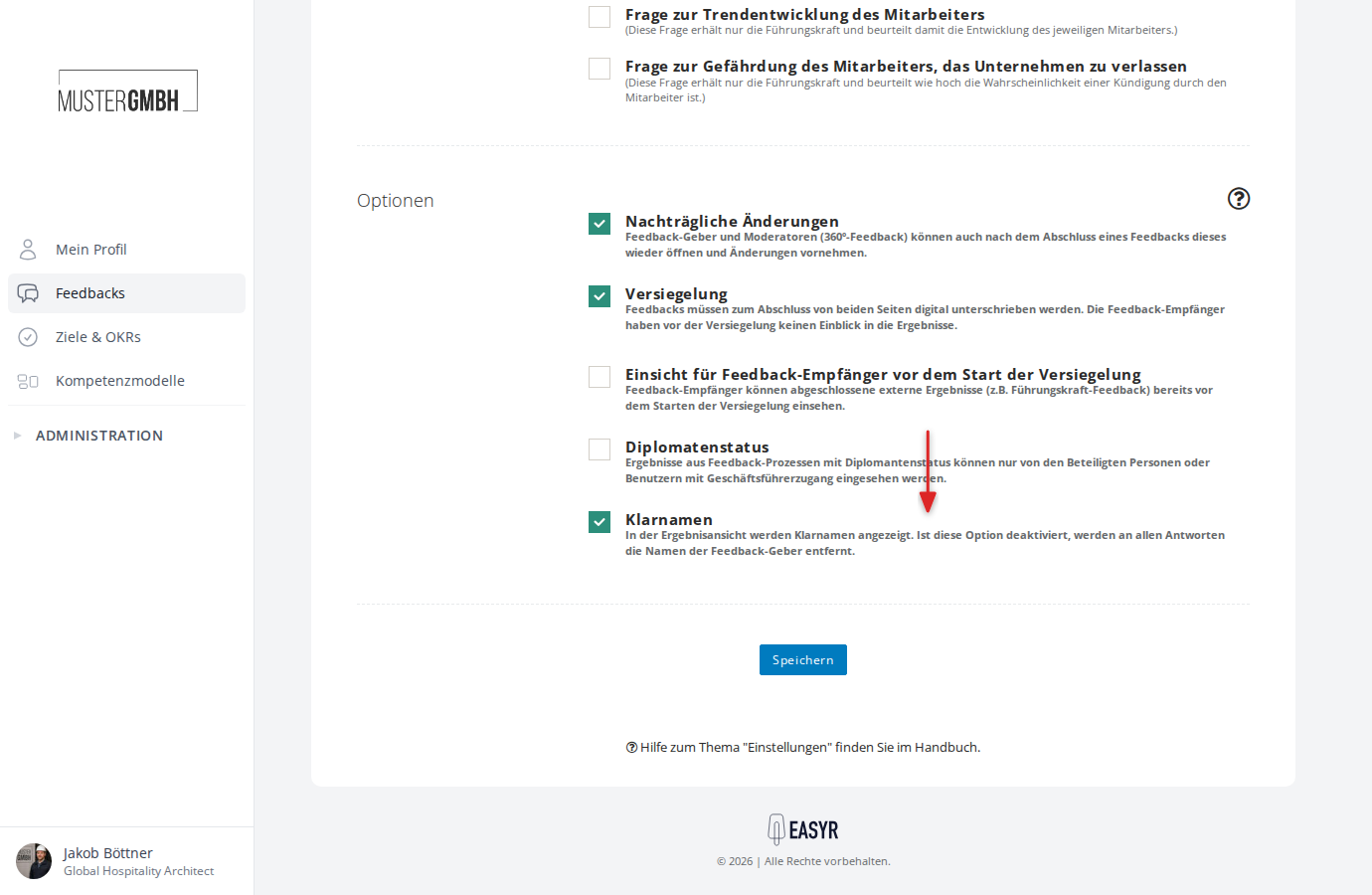 Optionen bei einem 360°-Feedback mit der zusätzlichen Option Klarnamen