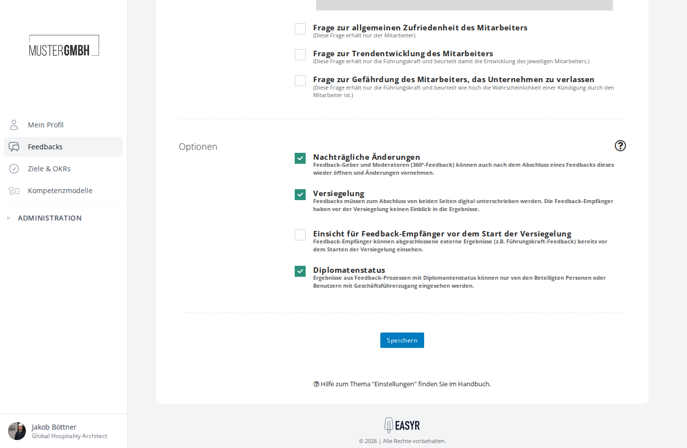 Abschnitt Optionen auf der Einstellungsseite einer Beurteilung