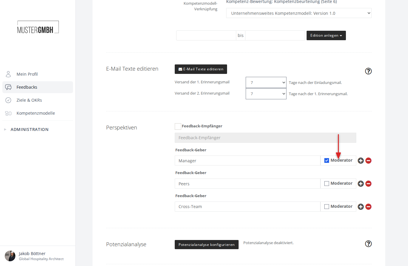 Moderator-Checkbox bei einer Feedback-Geber-Perspektive im 360° Feedback