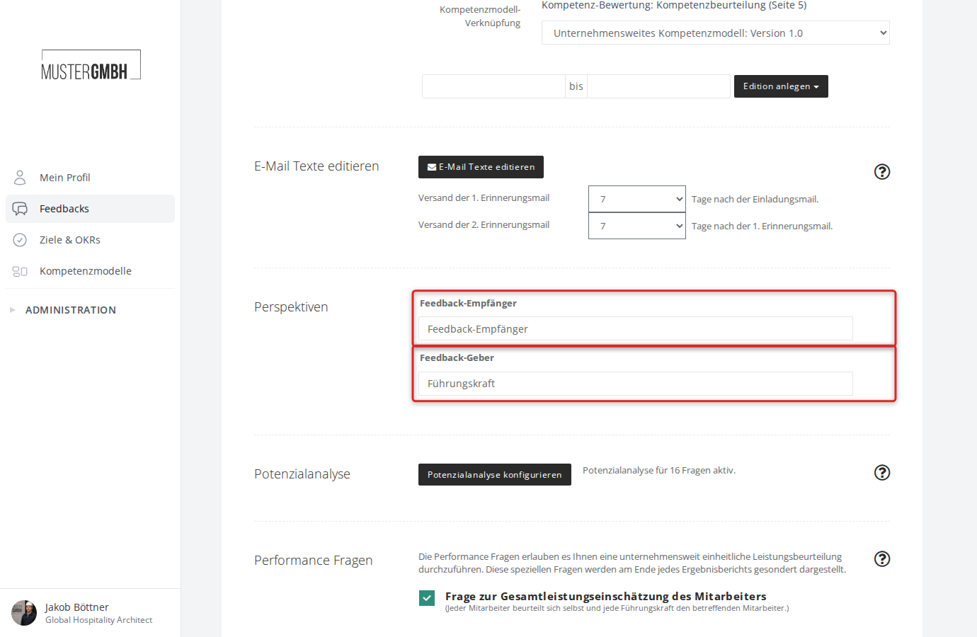 Perspektiven-Bereich in den Einstellungen eines zweiseitigen Feedbacks