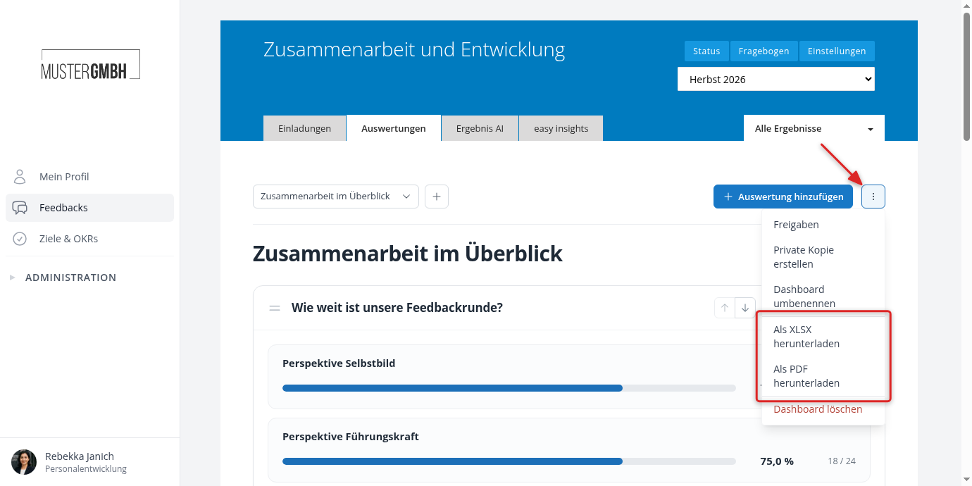Dashboard-Menü mit den Exportoptionen für PDF und XLSX