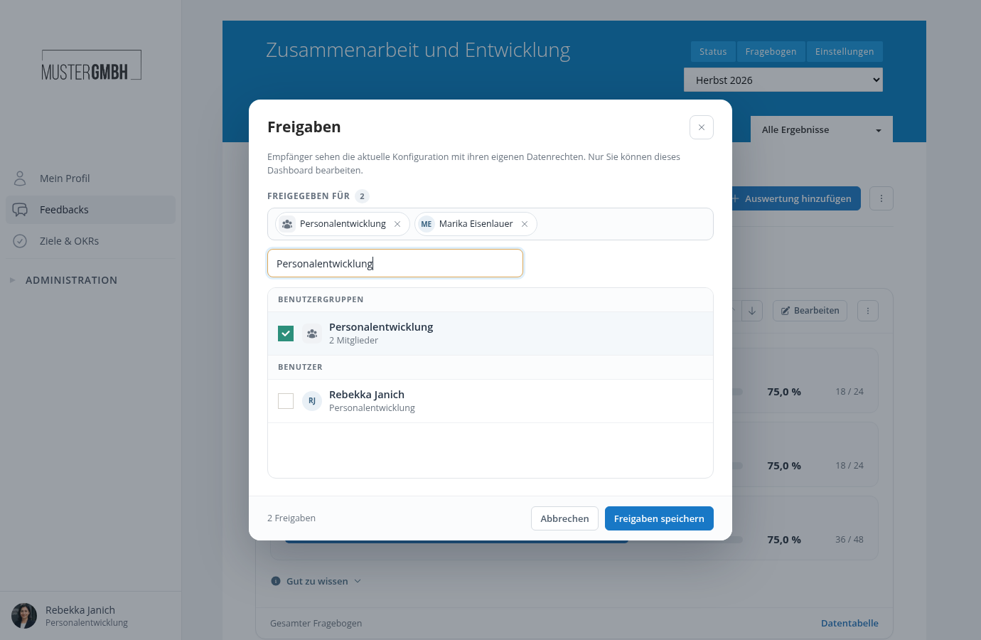 Freigabe-Dialog mit Benutzer- und Gruppenauswahl