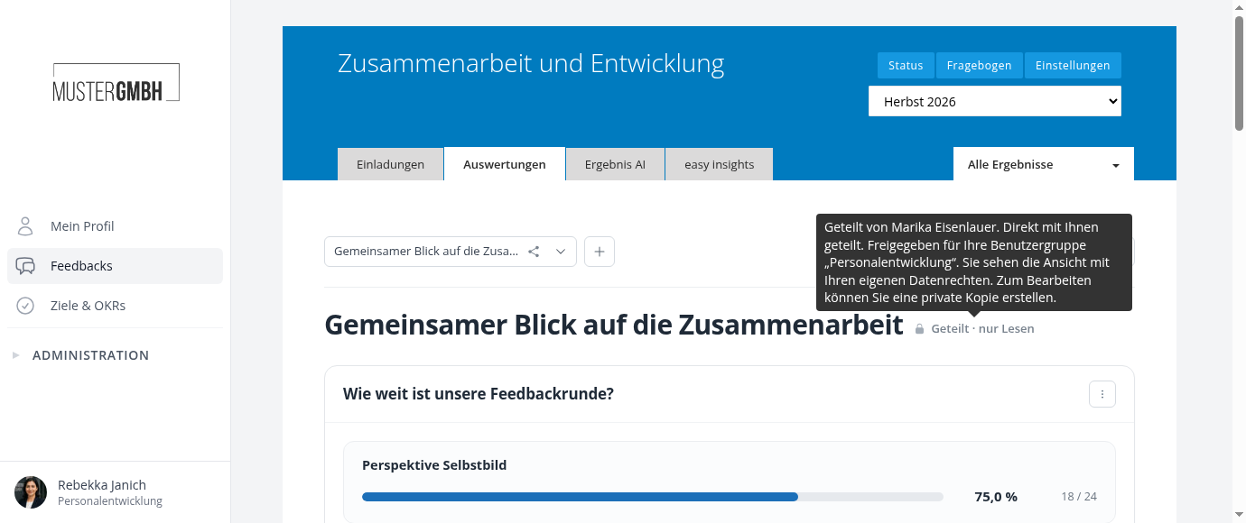 Geteiltes Dashboard mit Hinweis auf direkte Freigabe und die Benutzergruppe Personalentwicklung