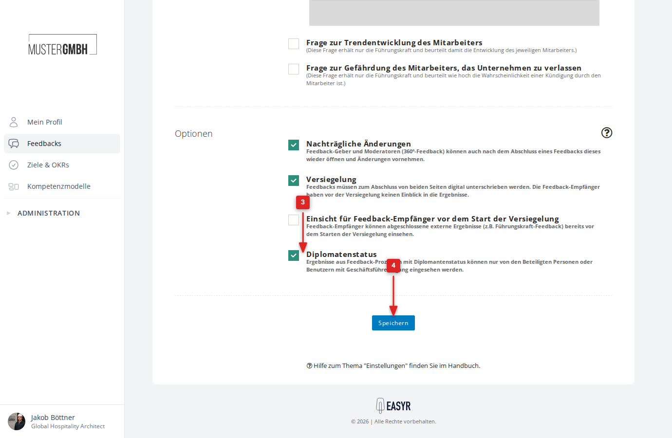 Optionen-Bereich mit Diplomatenstatus-Checkbox