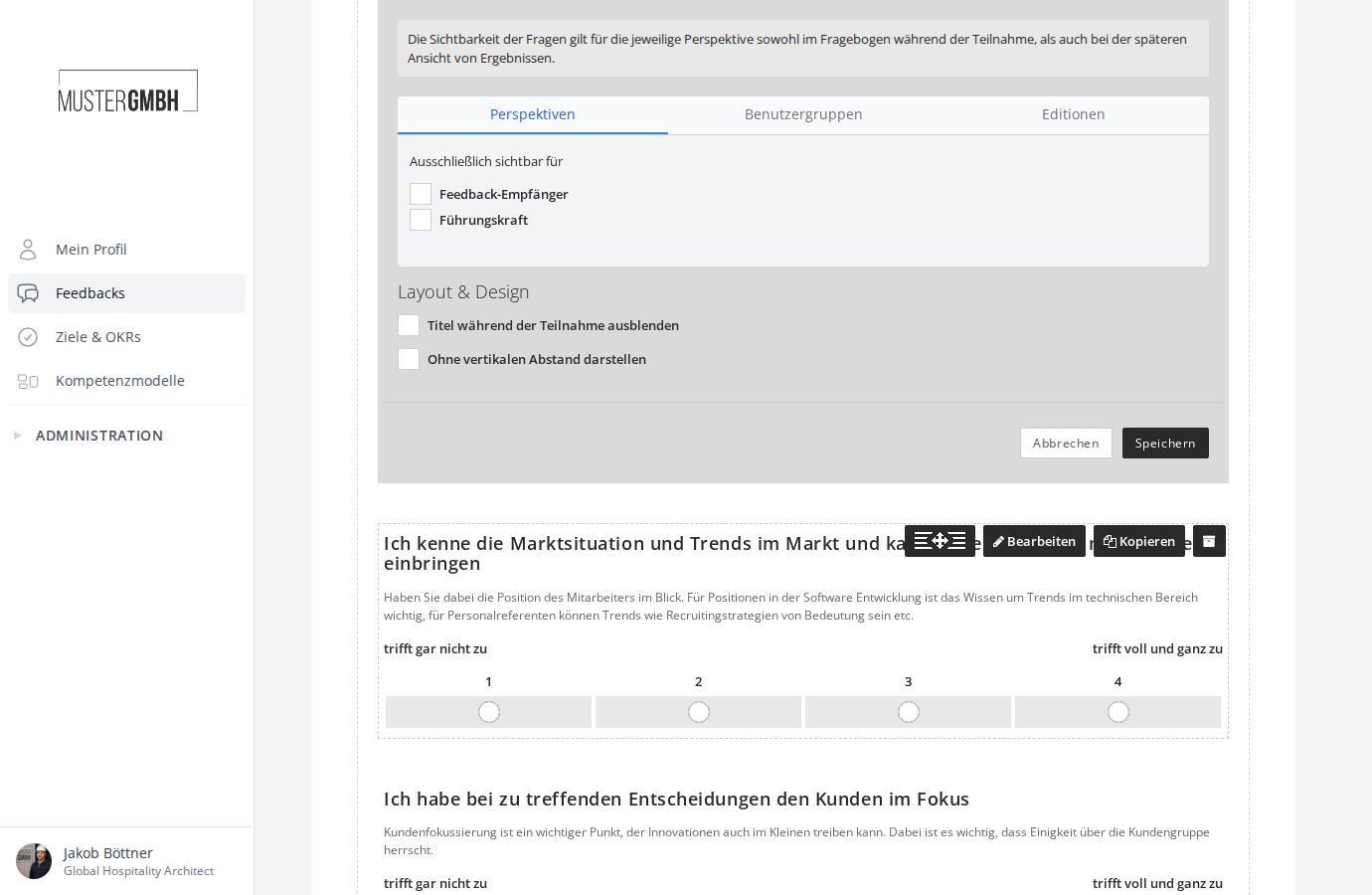 Geöffnetes Sichtbarkeits-Panel mit Tabs