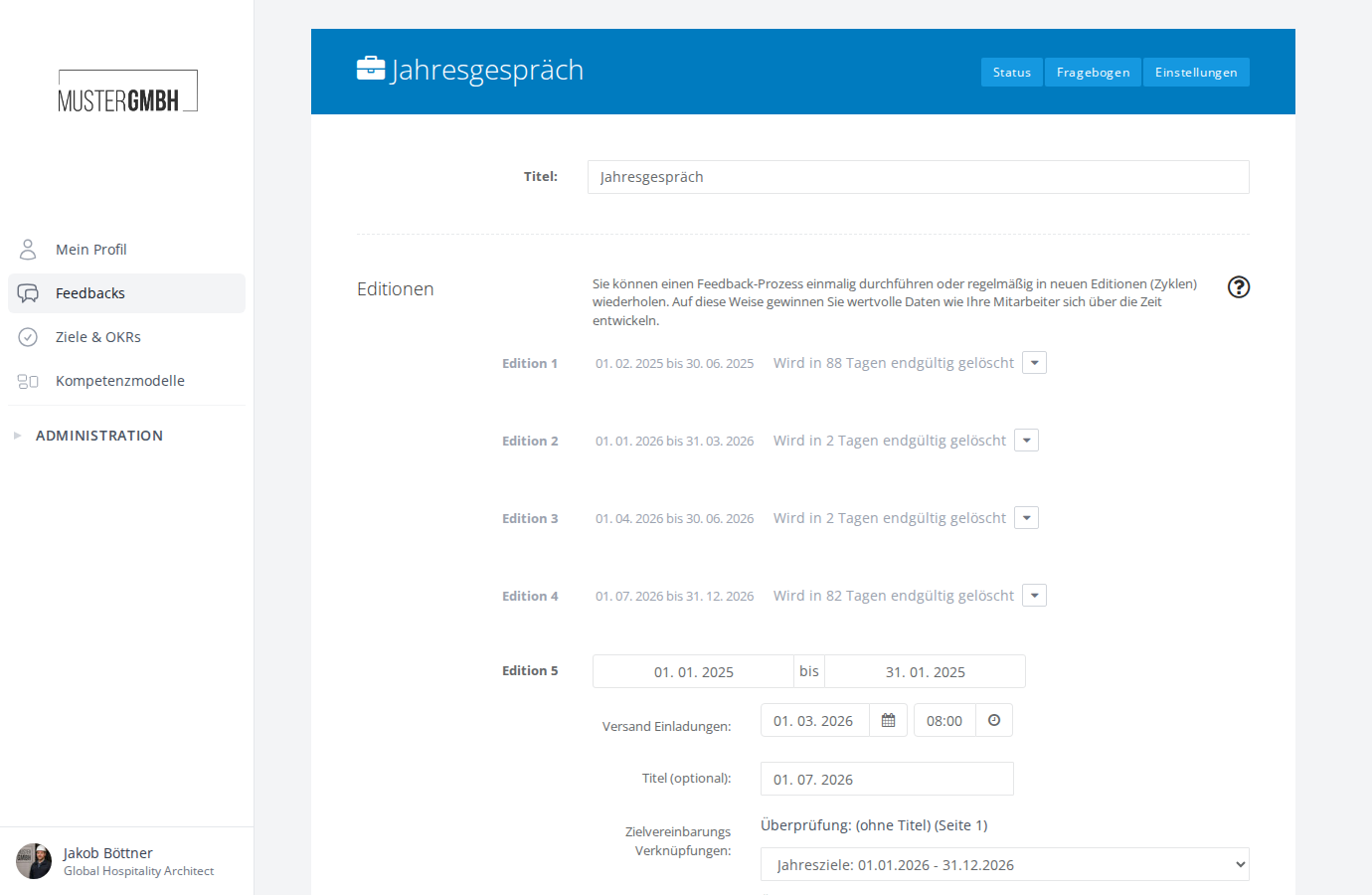 Editionen-Abschnitt in den Einstellungen eines Feedback-Prozesses