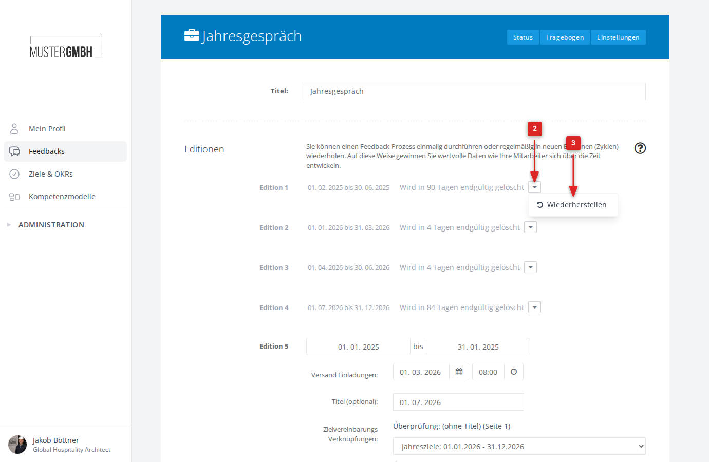 Dropdown-Menü mit Wiederherstellen-Option