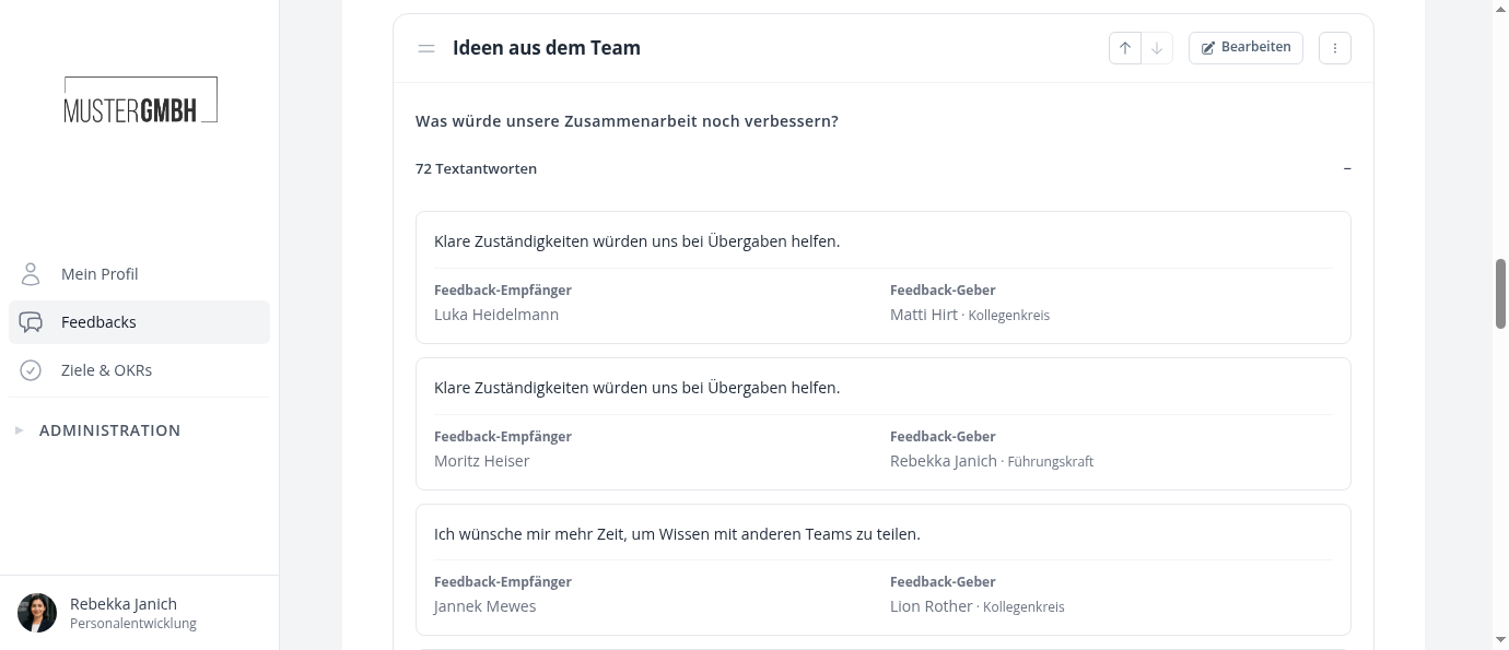 Geöffnete Freitextantworten mit Rückmeldungen zur Zusammenarbeit