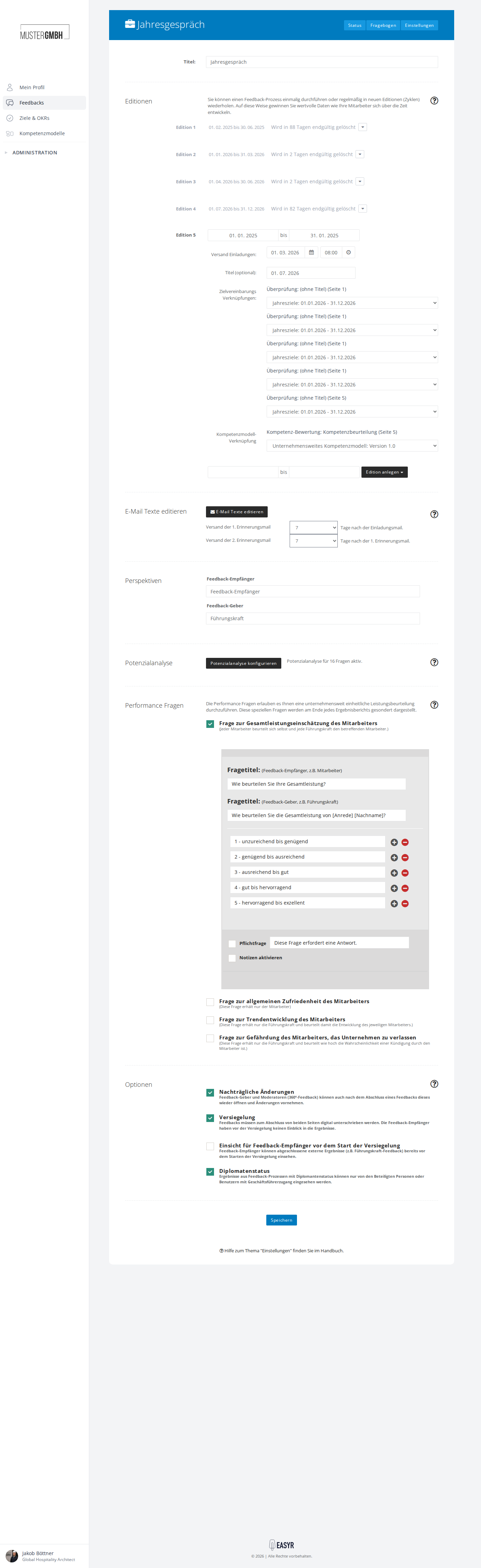 Einstellungsseite einer Beurteilung mit allen Abschnitten