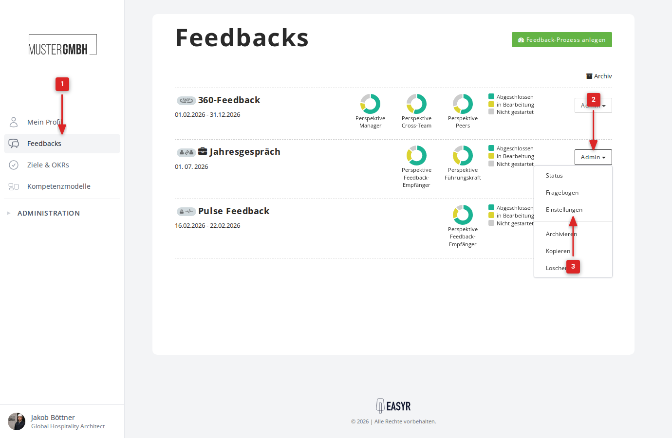 Feedbacks-Übersicht mit geöffnetem Admin-Menü und markierter Einstellungen-Option