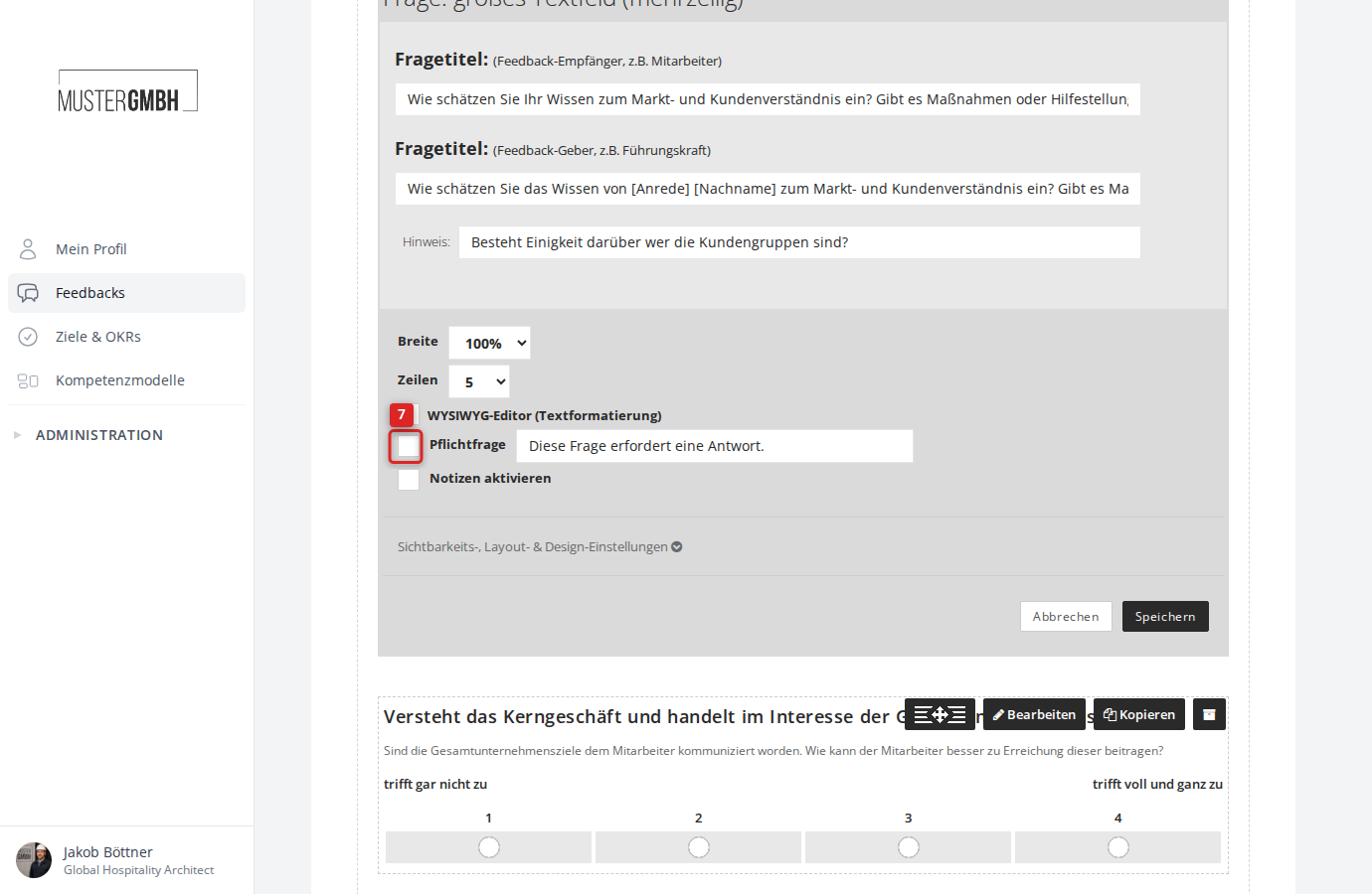 Einstellungsbereich einer Frage mit Pflichtfrage und Notizen aktivieren