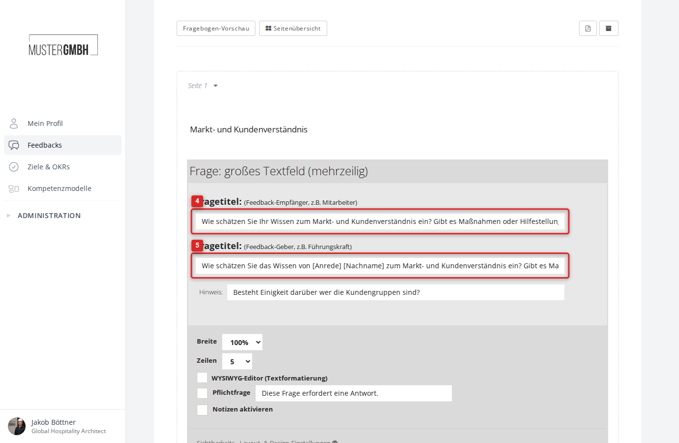Bearbeitungsformular mit Fragetitel-Feldern für Feedback-Empfänger und Feedback-Geber
