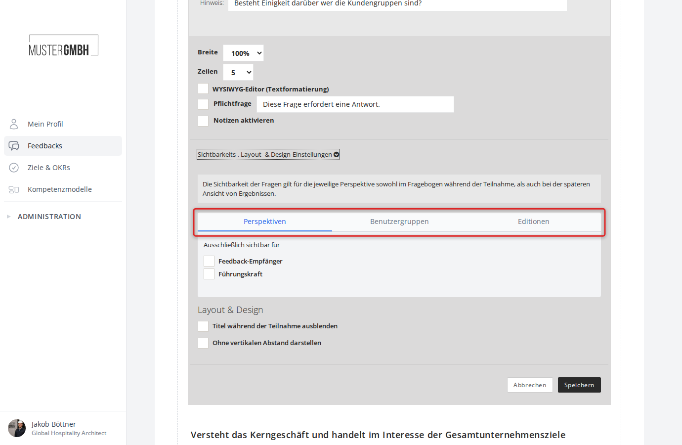 Aufgeklappter Bereich Sichtbarkeits-, Layout- & Design-Einstellungen mit Tabs