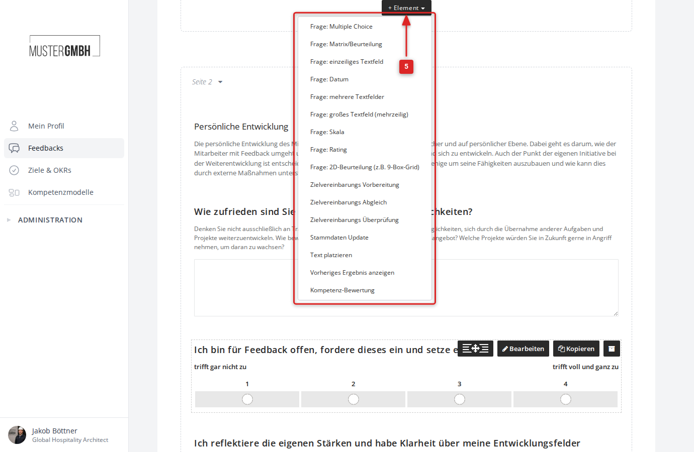 Dropdown-Menü mit allen verfügbaren Element- und Fragetypen
