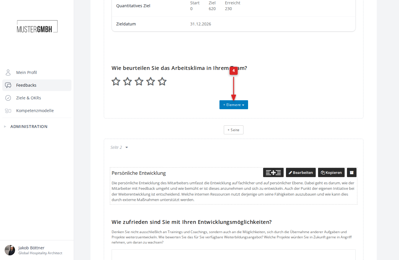 Button "+ Element" am Ende einer Fragebogenseite