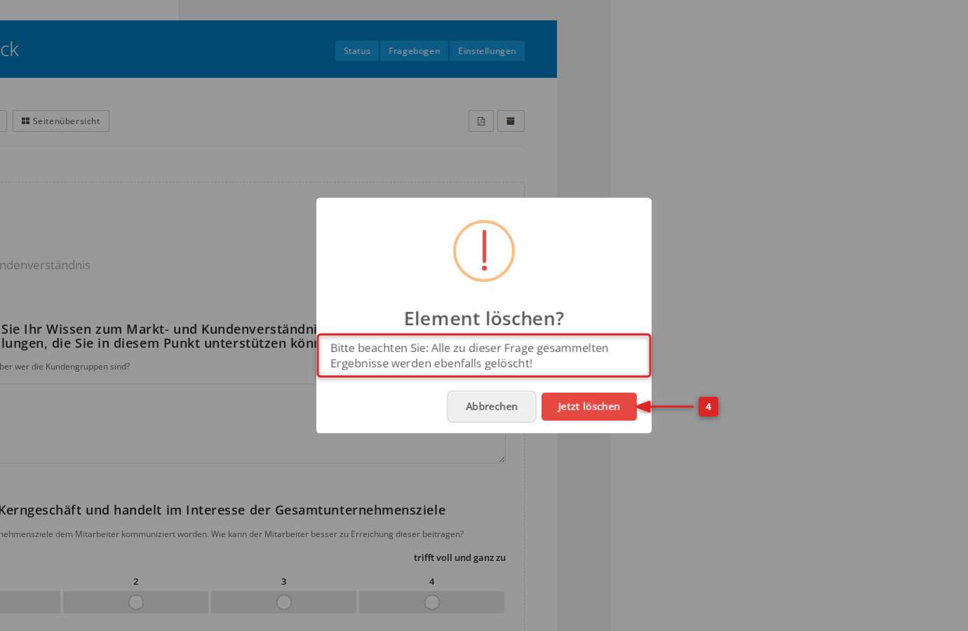 Bestätigungsdialog „Element löschen?" mit Warnhinweis