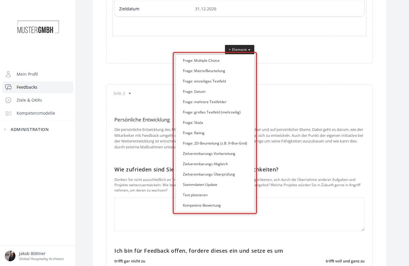 Das Dropdown-Menü "+ Element" im Fragebogen-Editor mit allen verfügbaren Bausteinen