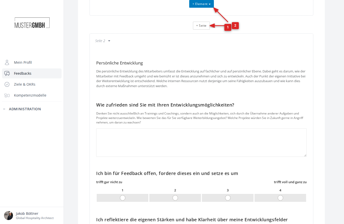 Der Button "+ Element" und das Dropdown-Menü im Fragebogen-Editor