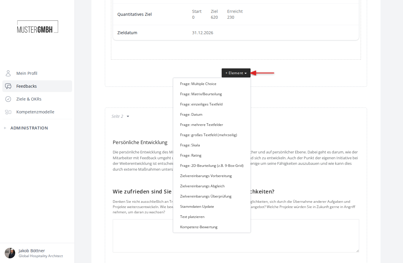 Das Dropdown-Menü "+ Element" im Fragebogen-Editor mit allen verfügbaren Element- und Fragetypen