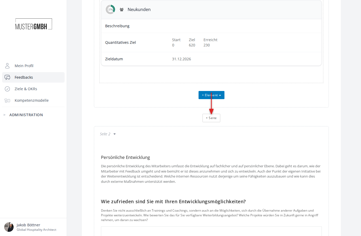 Der Button "+ Seite" im Fragebogen-Editor zwischen zwei Fragebogenseiten