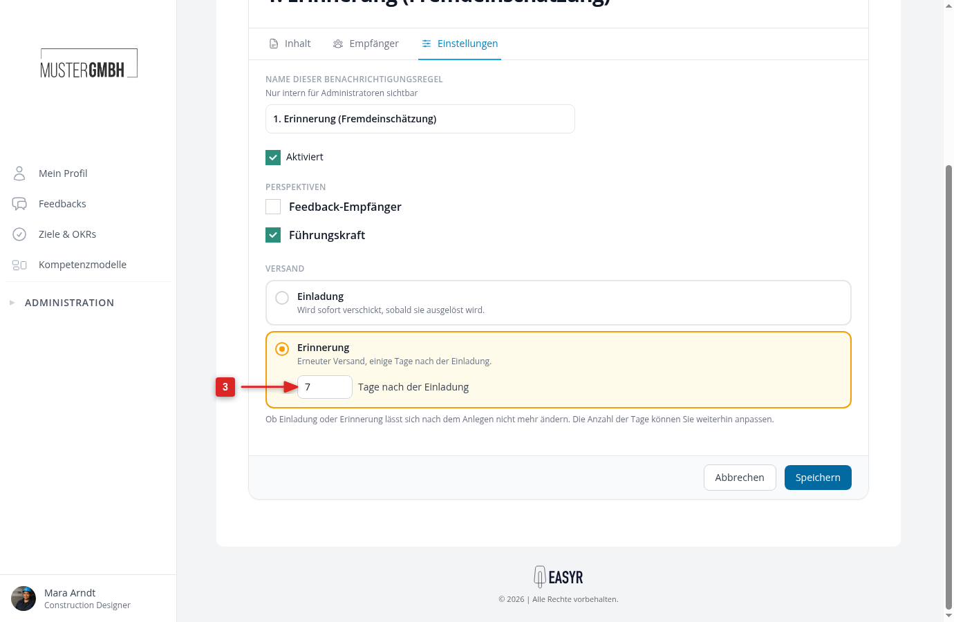 Einstellungen einer Erinnerungsregel mit dem Feld Tage nach der Einladung
