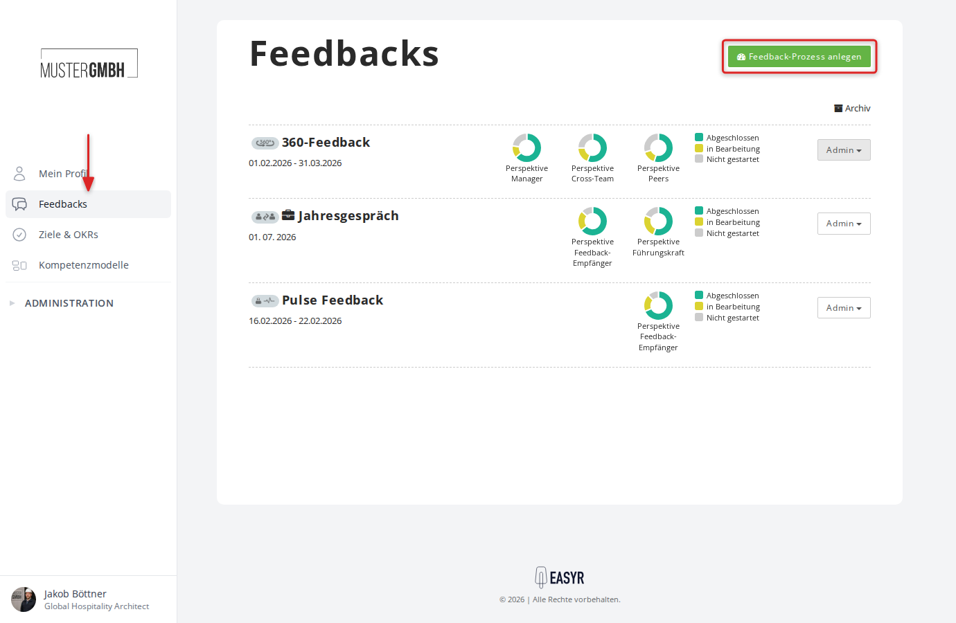 Feedbacks-Übersicht mit Feedback-Prozessen und Fortschrittsanzeige