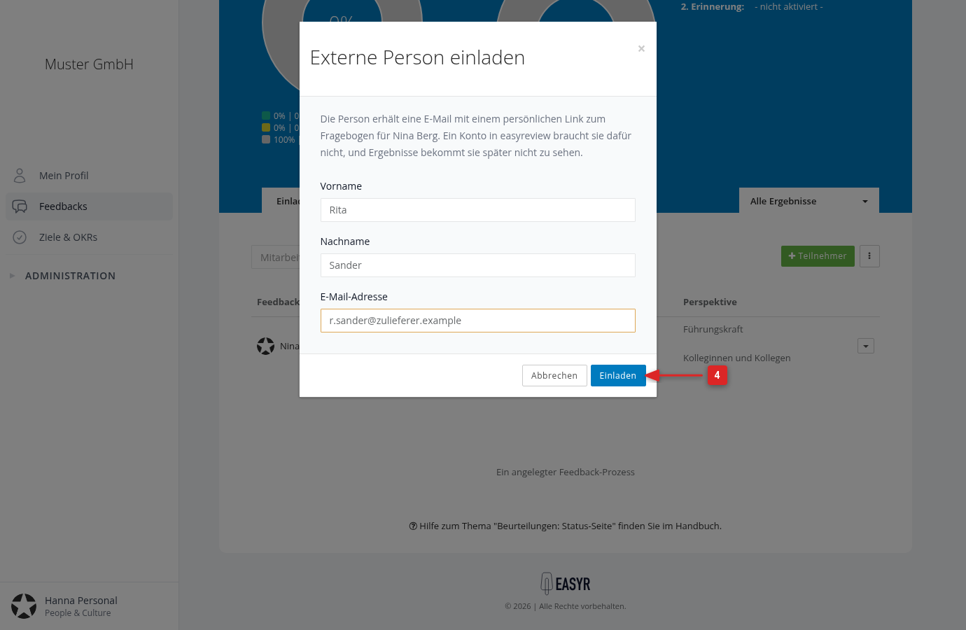 The "Invite external person" window with the fields filled in