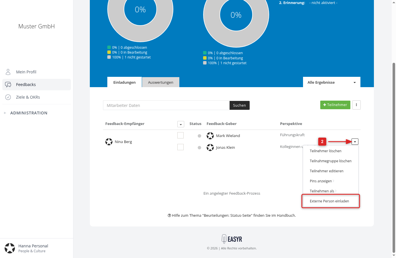 Row menu of the participant list with the "Invite external person" entry