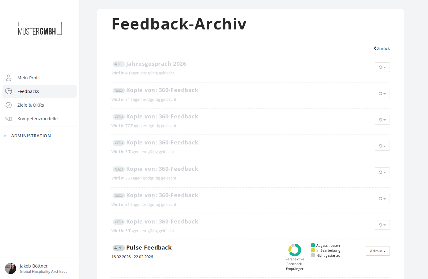 Feedback-Archiv mit archivierten und gelöschten Prozessen