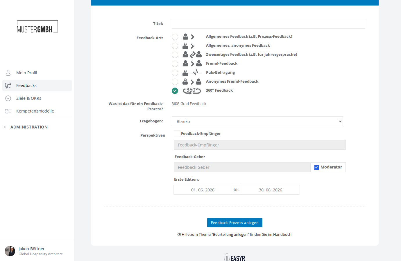 Formular zum Anlegen eines 360° Feedbacks mit Perspektiven
