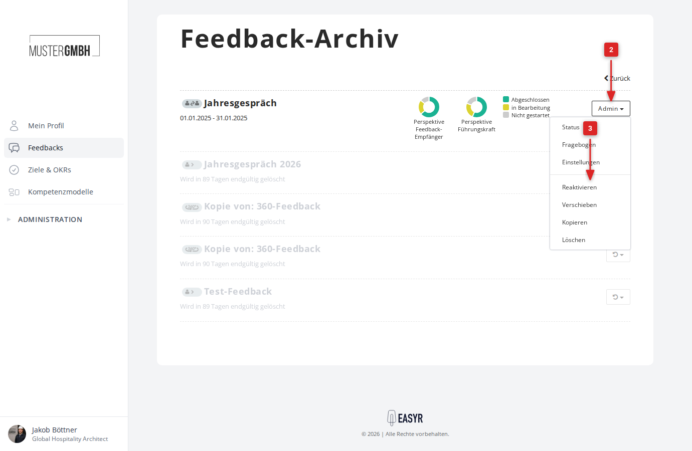 Feedback-Archiv mit geöffnetem Admin-Menü und markierter Option "Reaktivieren"