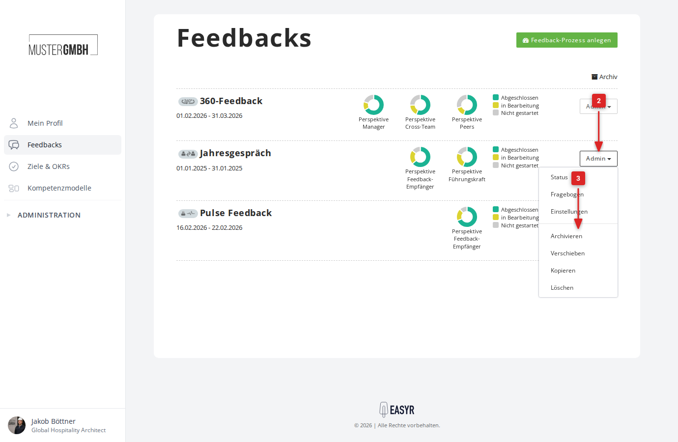 Feedback-Übersicht mit geöffnetem Admin-Menü und markierter Option "Archivieren"