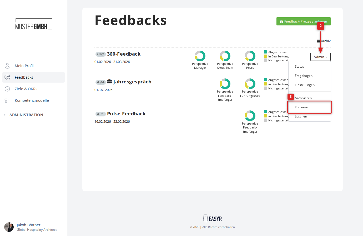 Feedback-Übersicht mit geöffnetem Admin-Dropdown und markierter Option Kopieren