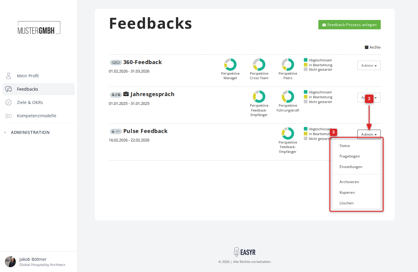 Feedback-Übersicht mit geöffnetem Admin-Menü