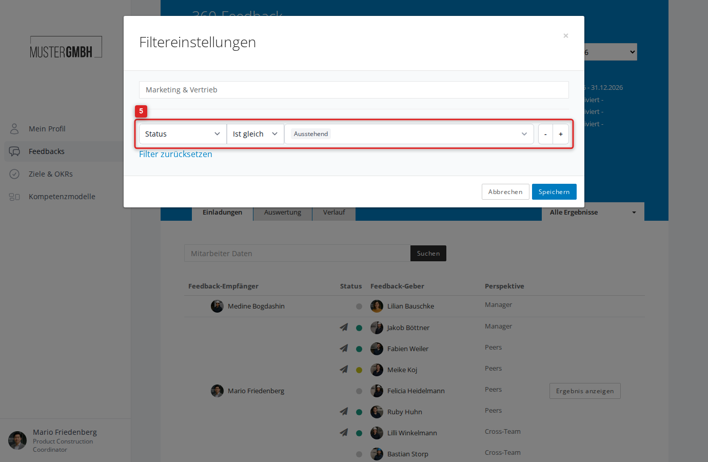 Filterkriterium mit Auswahl eines Kriteriums und Werten