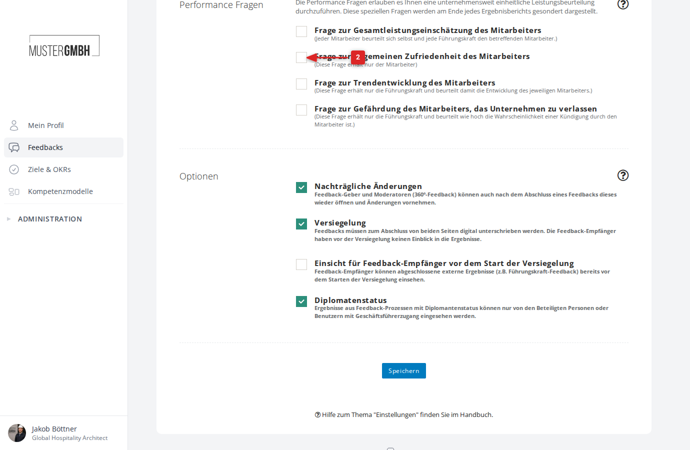 Bereich "Performance Fragen" in den Einstellungen