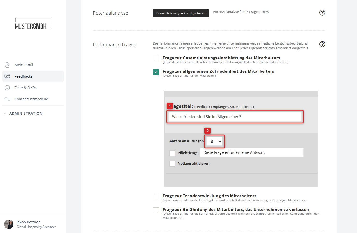 Konfigurationsformular mit Fragetitel und Abstufungen