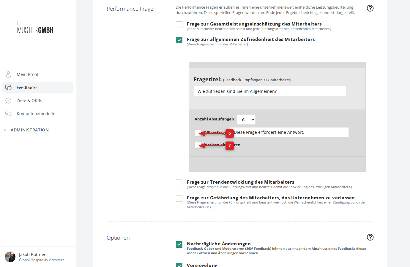 Optionen für Pflichtfrage und Notizen